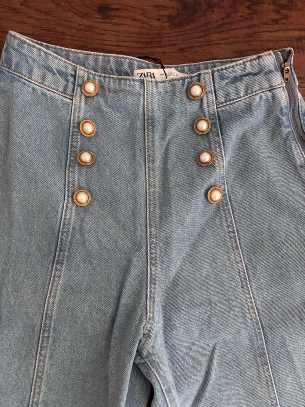 Zara Light Blue Straight-Leg High-Rise Jeans with Sailor Buttons - Picture 2 of 2